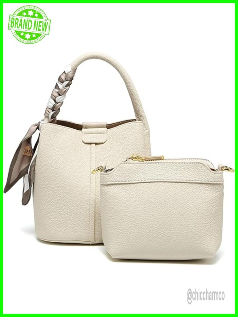 Mini Vegan Leather Crossbody Bucket Bag with Scarf, Detachable Strap